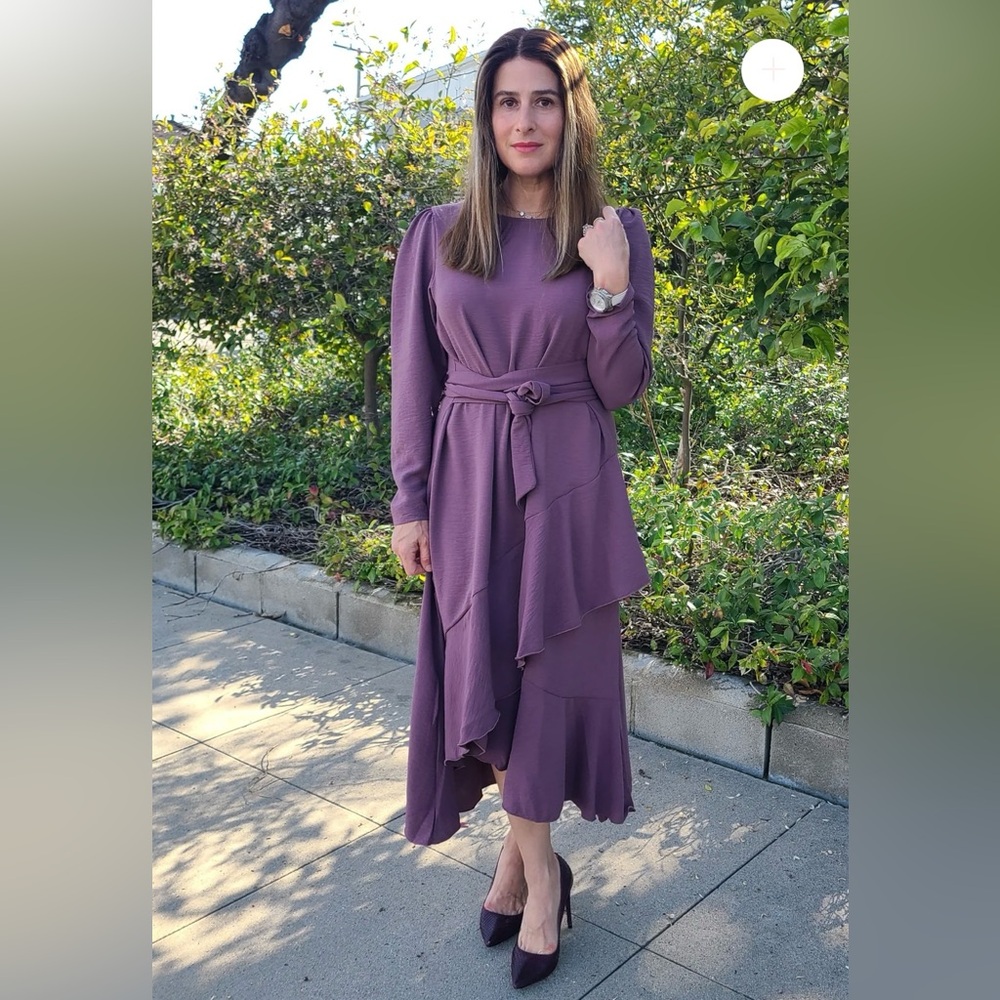 Wukogals, Long Sleeve Faux Wrap Dress. Purple, Size XXS.